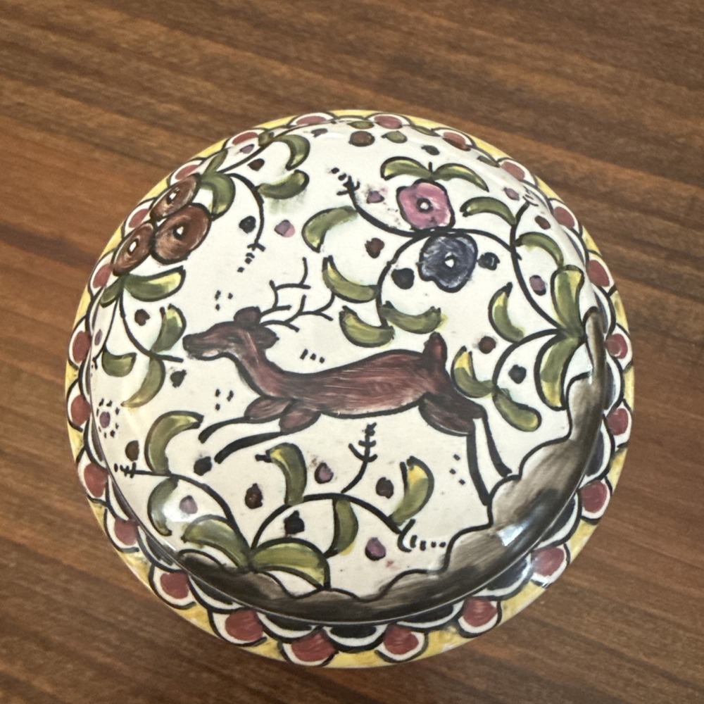 Vintage hand-painted porcelain trinket box from Portugal Deer And Flowers 3 In